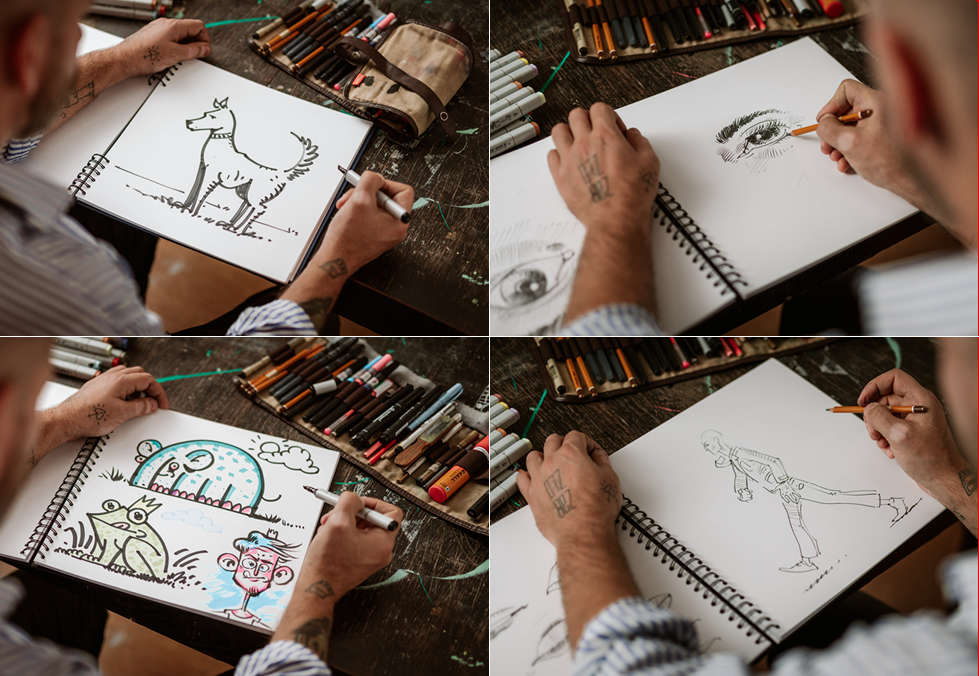 čtyři různé obrázky, které se naučíte kreslit v online kurzu kreslení