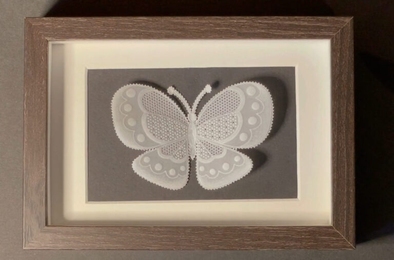 motýl z papíru zarámovaný a vyrobený tvořivou technikou krajky
